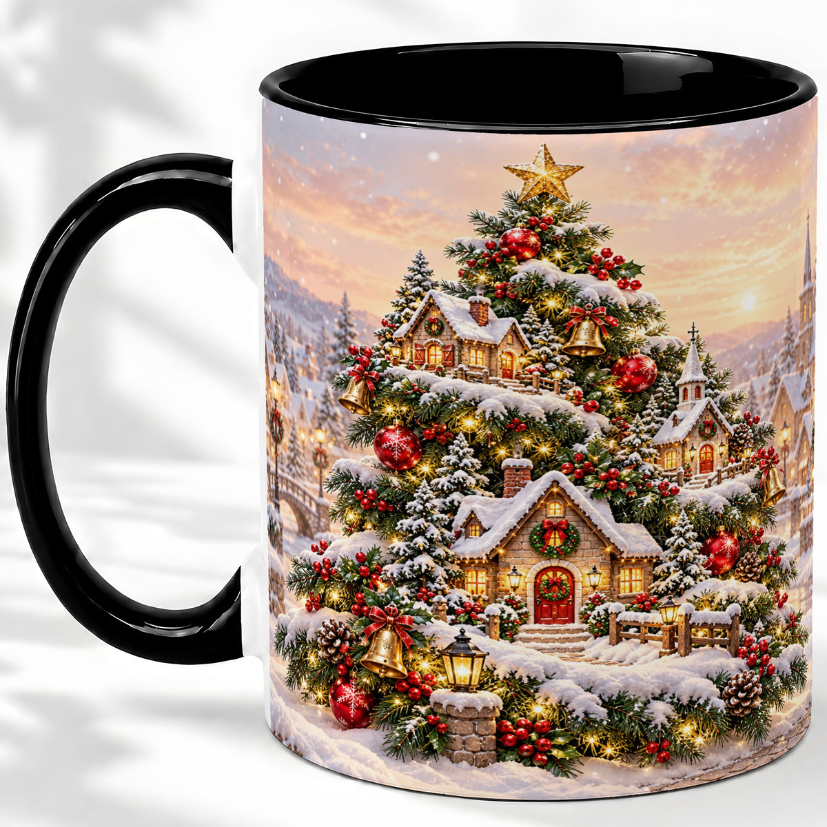 #pl[11oz|Black] Snowy Christmas Village Ceramic Mug, Winter Tree Cottage Scene