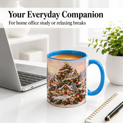 #pl[11oz|Blue] Snowy Christmas Village Ceramic Mug, Winter Tree Cottage Scene