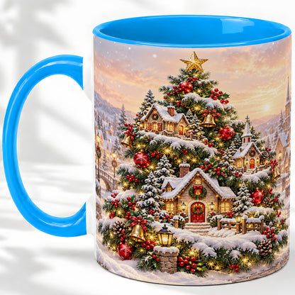 #pl[11oz|Blue] Snowy Christmas Village Ceramic Mug, Winter Tree Cottage Scene