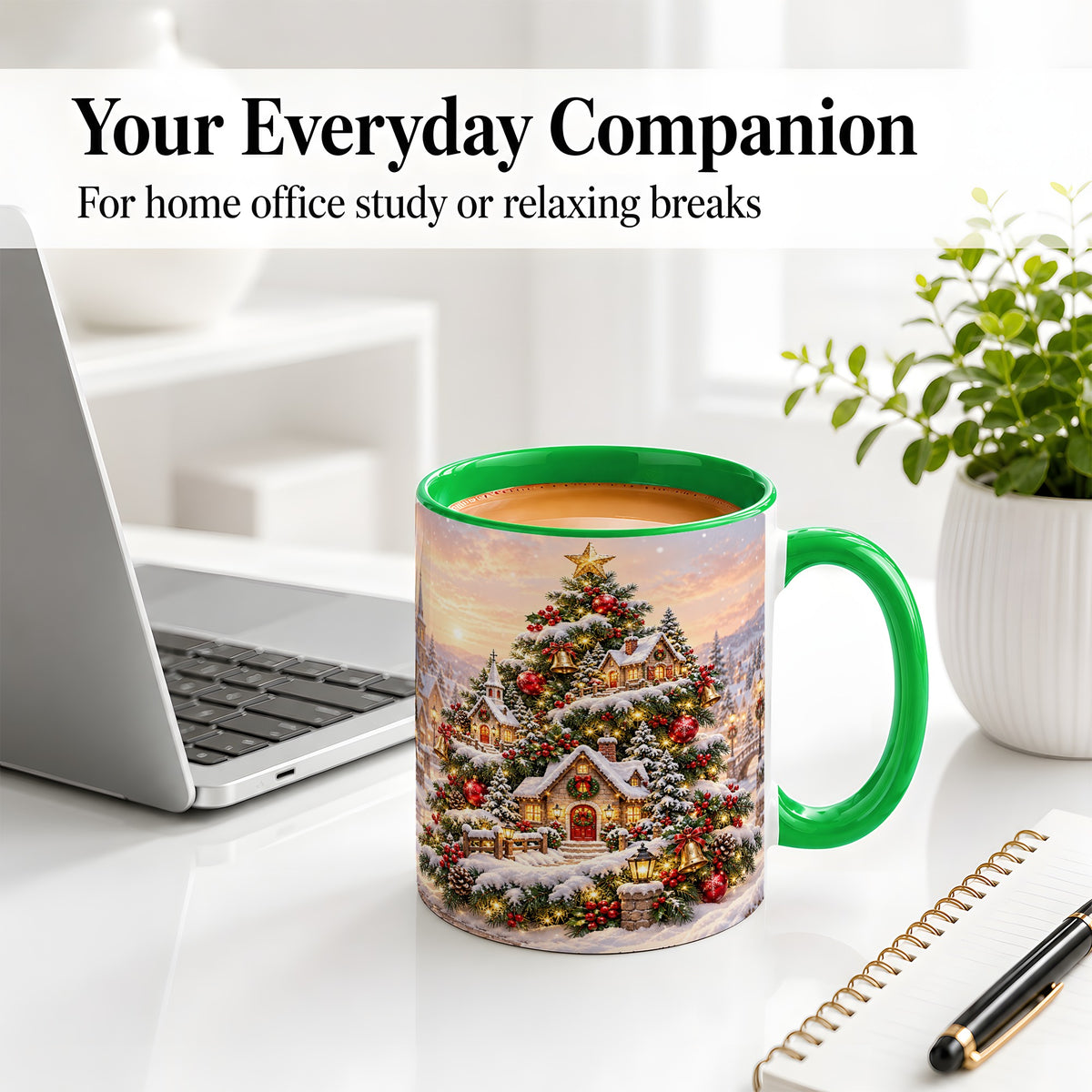 #pl[11oz|Green] Snowy Christmas Village Ceramic Mug, Winter Tree Cottage Scene