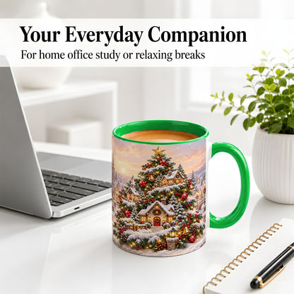 #pl[11oz|Green] Snowy Christmas Village Ceramic Mug, Winter Tree Cottage Scene