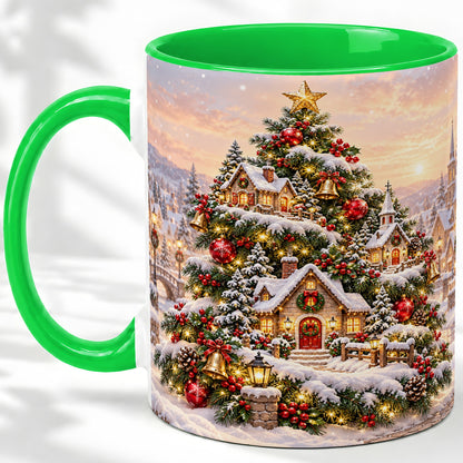 #pl[11oz|Green] Snowy Christmas Village Ceramic Mug, Winter Tree Cottage Scene