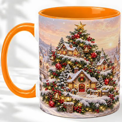 #pl[11oz|Orange] Snowy Christmas Village Ceramic Mug, Winter Tree Cottage Scene