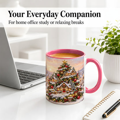 #pl[11oz|Pink] Snowy Christmas Village Ceramic Mug, Winter Tree Cottage Scene