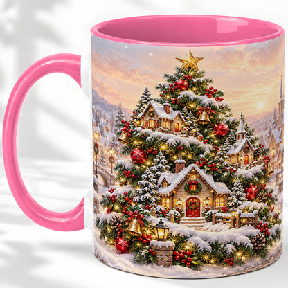 #pl[11oz|Pink] Snowy Christmas Village Ceramic Mug, Winter Tree Cottage Scene