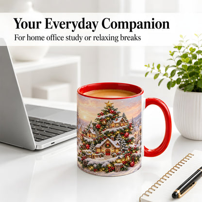 #pl[11oz|Red] Snowy Christmas Village Ceramic Mug, Winter Tree Cottage Scene