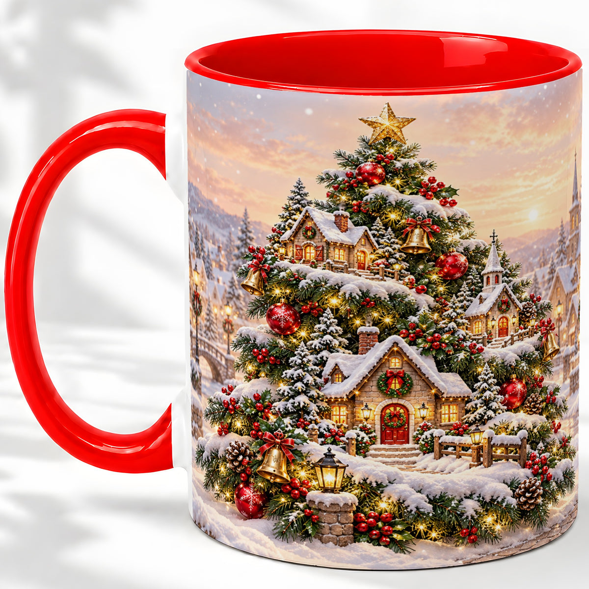 Snowy Christmas Village Ceramic Mug, Winter Tree Cottage Scene