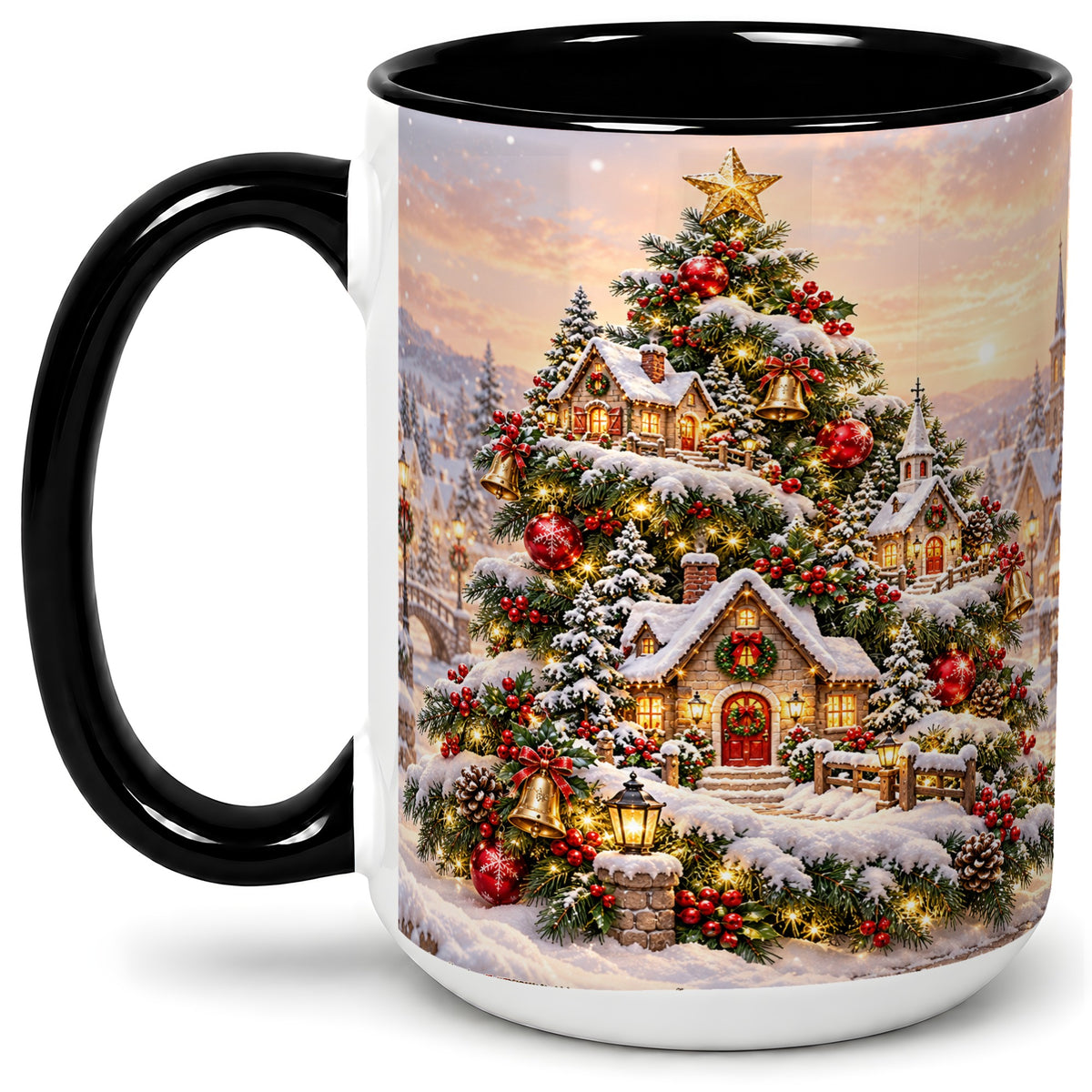 #pl[15oz|Black] Snowy Christmas Village Ceramic Mug, Winter Tree Cottage Scene