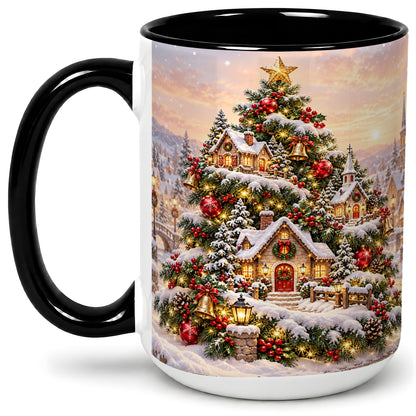 #pl[15oz|Black] Snowy Christmas Village Ceramic Mug, Winter Tree Cottage Scene