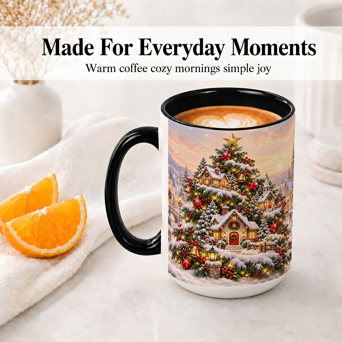 #pl[15oz|Black] Snowy Christmas Village Ceramic Mug, Winter Tree Cottage Scene
