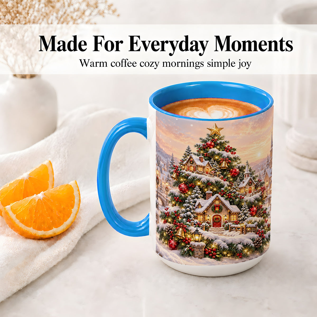 #pl[15oz|Blue] Snowy Christmas Village Ceramic Mug, Winter Tree Cottage Scene