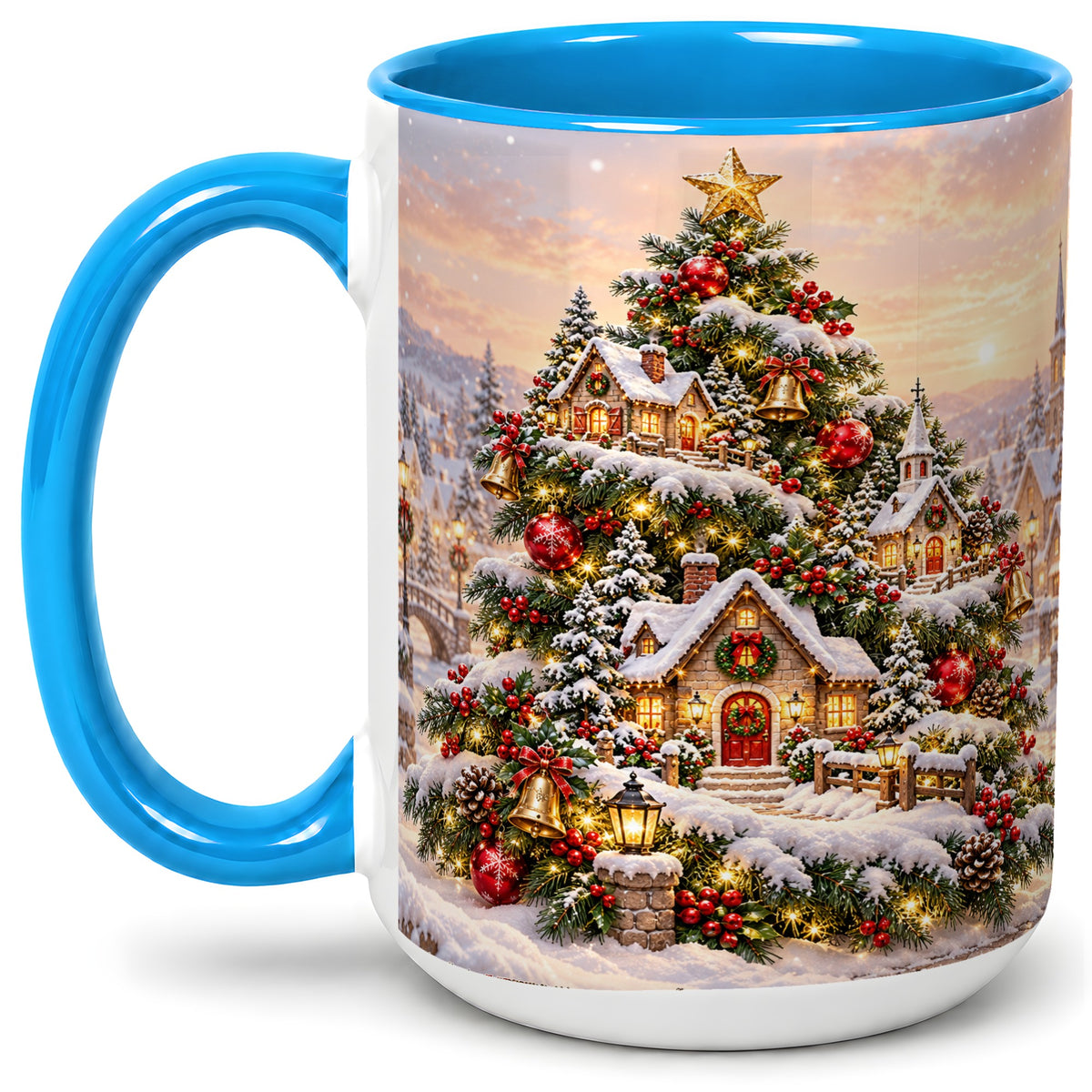 #pl[15oz|Blue] Snowy Christmas Village Ceramic Mug, Winter Tree Cottage Scene