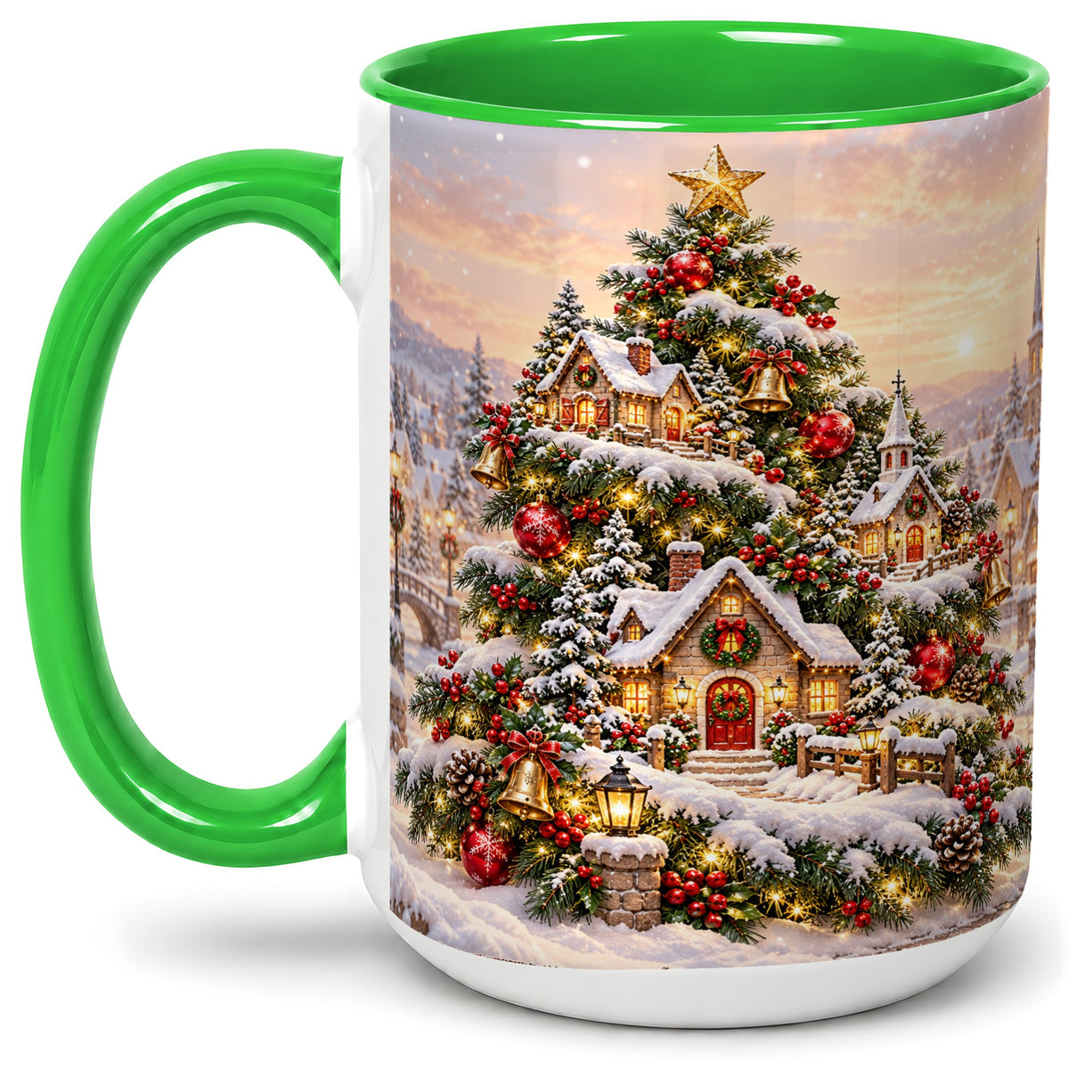 #pl[15oz|Green] Snowy Christmas Village Ceramic Mug, Winter Tree Cottage Scene