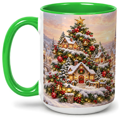 #pl[15oz|Green] Snowy Christmas Village Ceramic Mug, Winter Tree Cottage Scene