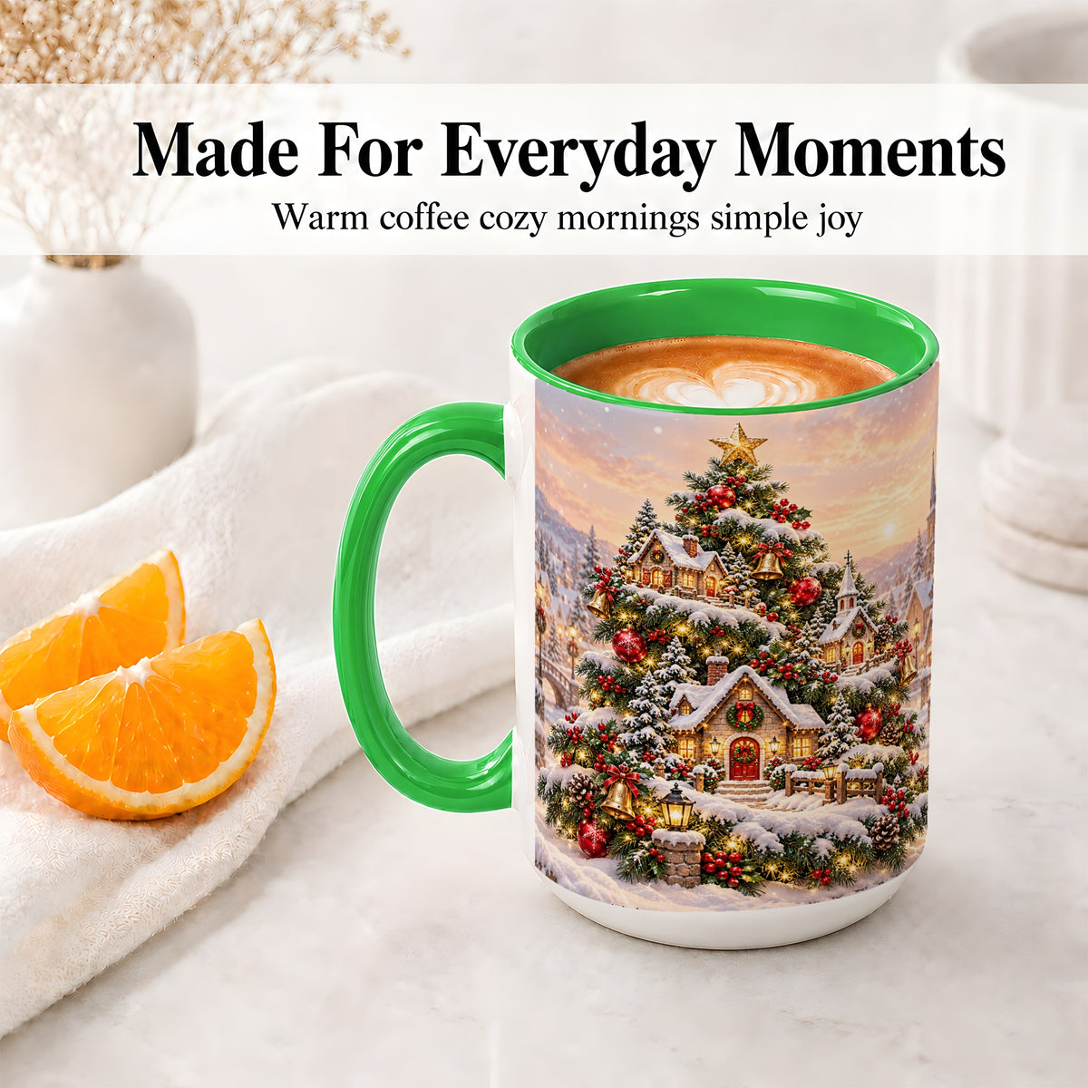 #pl[15oz|Green] Snowy Christmas Village Ceramic Mug, Winter Tree Cottage Scene
