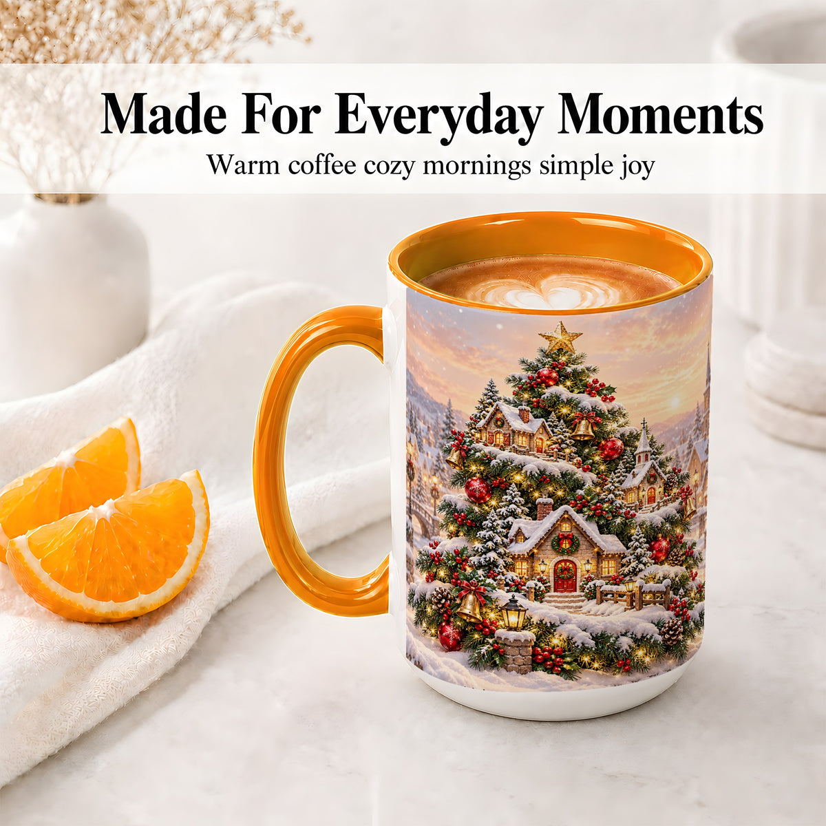#pl[15oz|Orange] Snowy Christmas Village Ceramic Mug, Winter Tree Cottage Scene