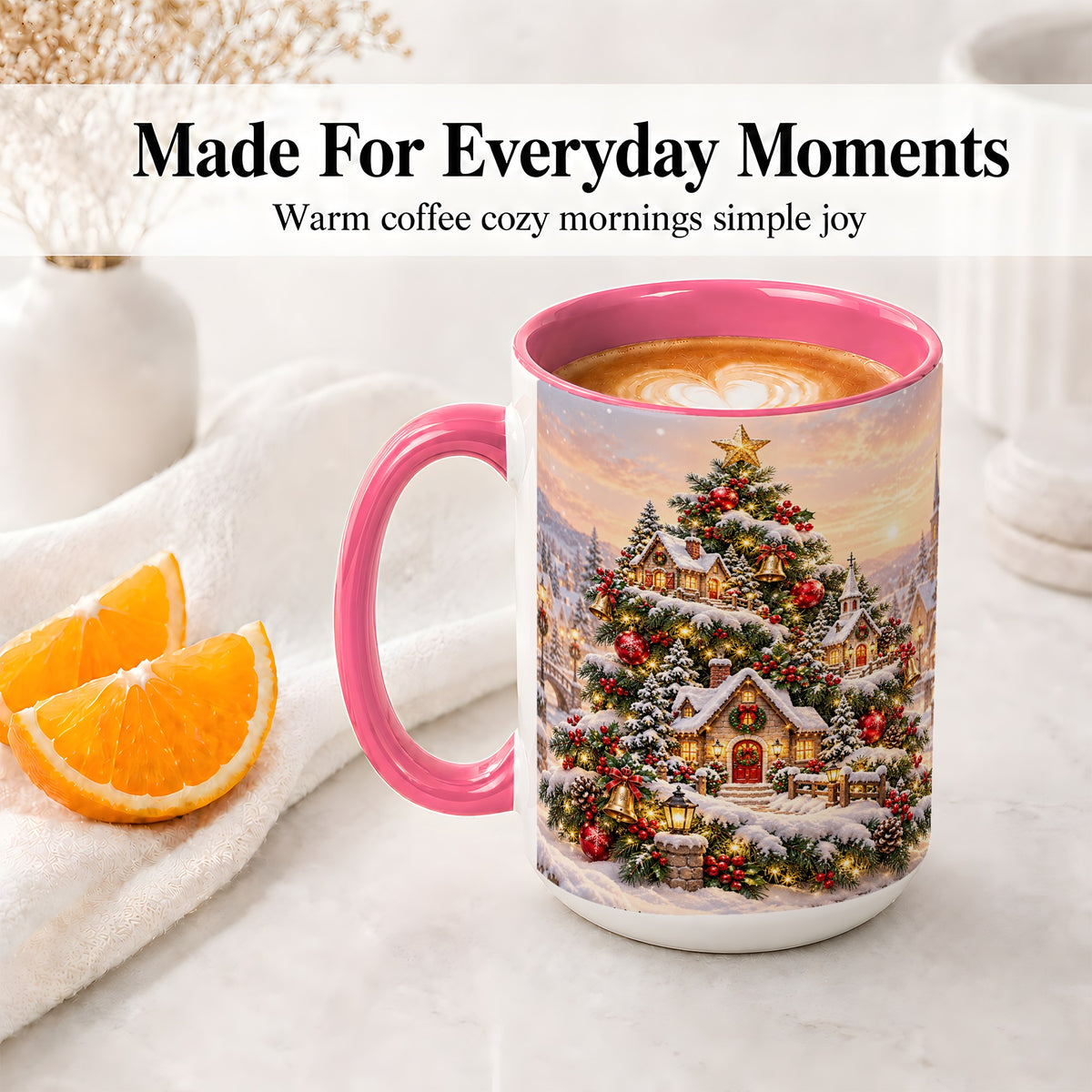 #pl[15oz|Pink] Snowy Christmas Village Ceramic Mug, Winter Tree Cottage Scene