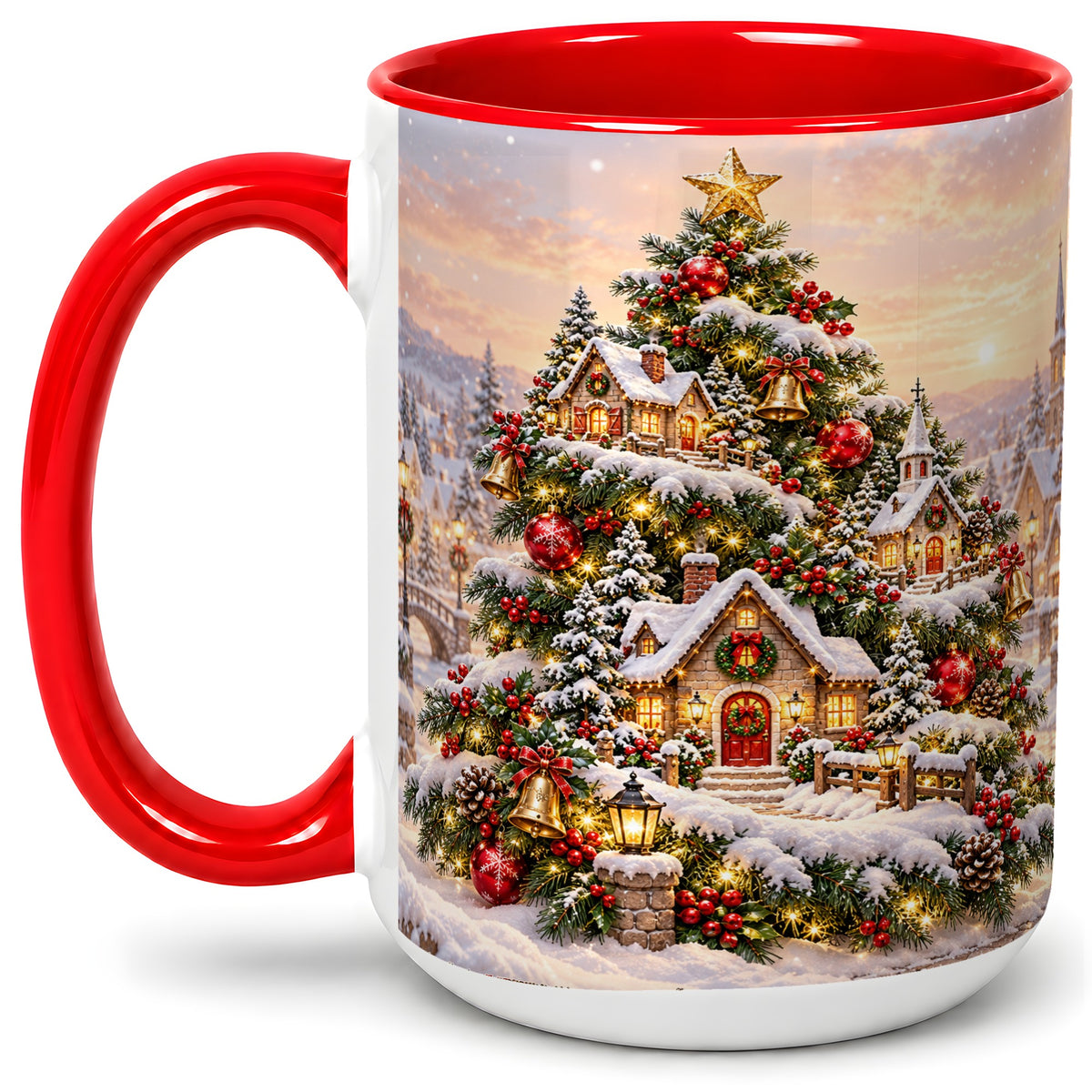 #pl[15oz|Red] Snowy Christmas Village Ceramic Mug, Winter Tree Cottage Scene