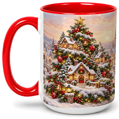 #pl[15oz|Red] Snowy Christmas Village Ceramic Mug, Winter Tree Cottage Scene