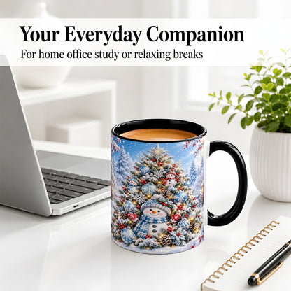 #pl[11oz|Black] Snowman Christmas Tree Ceramic Mug, Blue Snowflake Winter Art