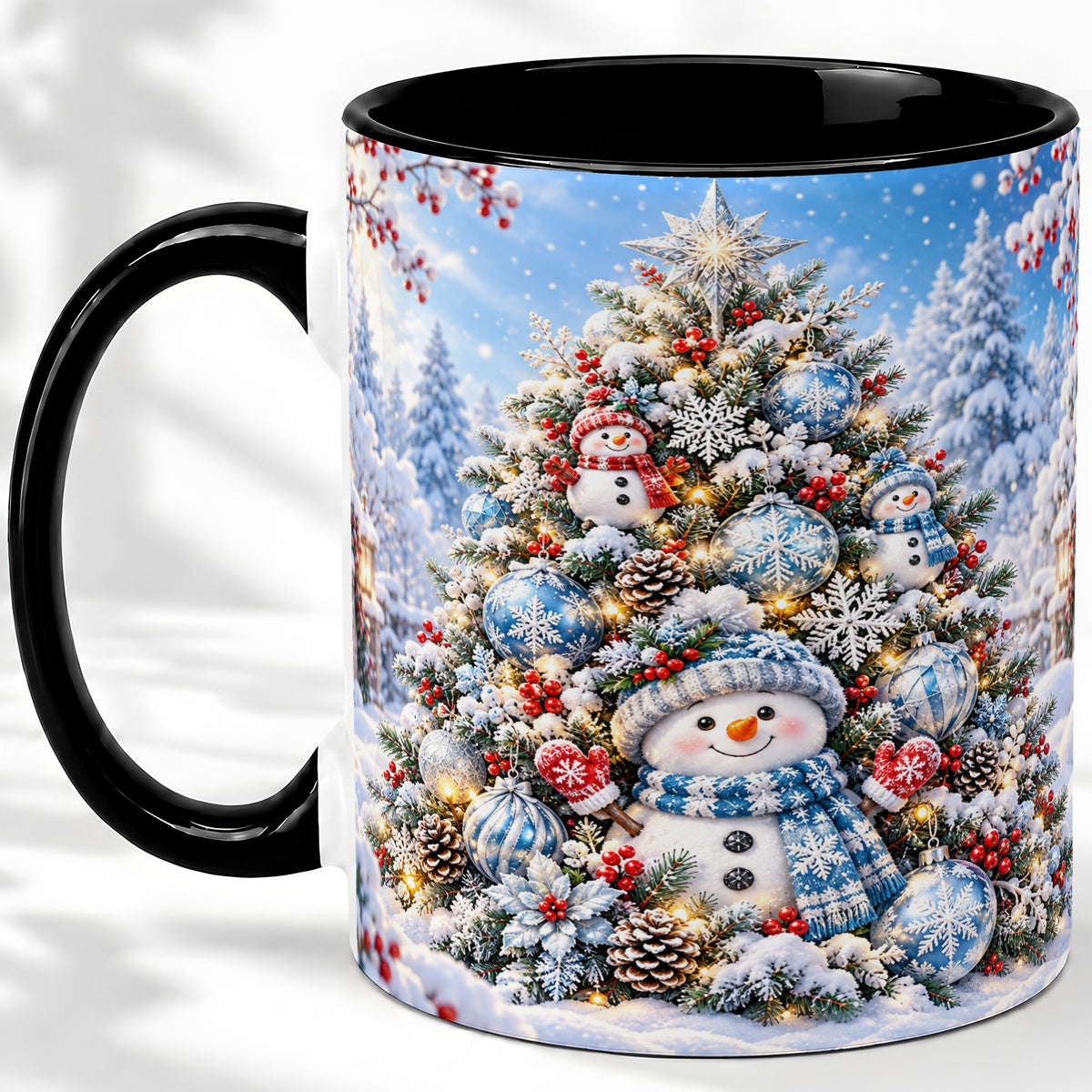 #pl[11oz|Black] Snowman Christmas Tree Ceramic Mug, Blue Snowflake Winter Art