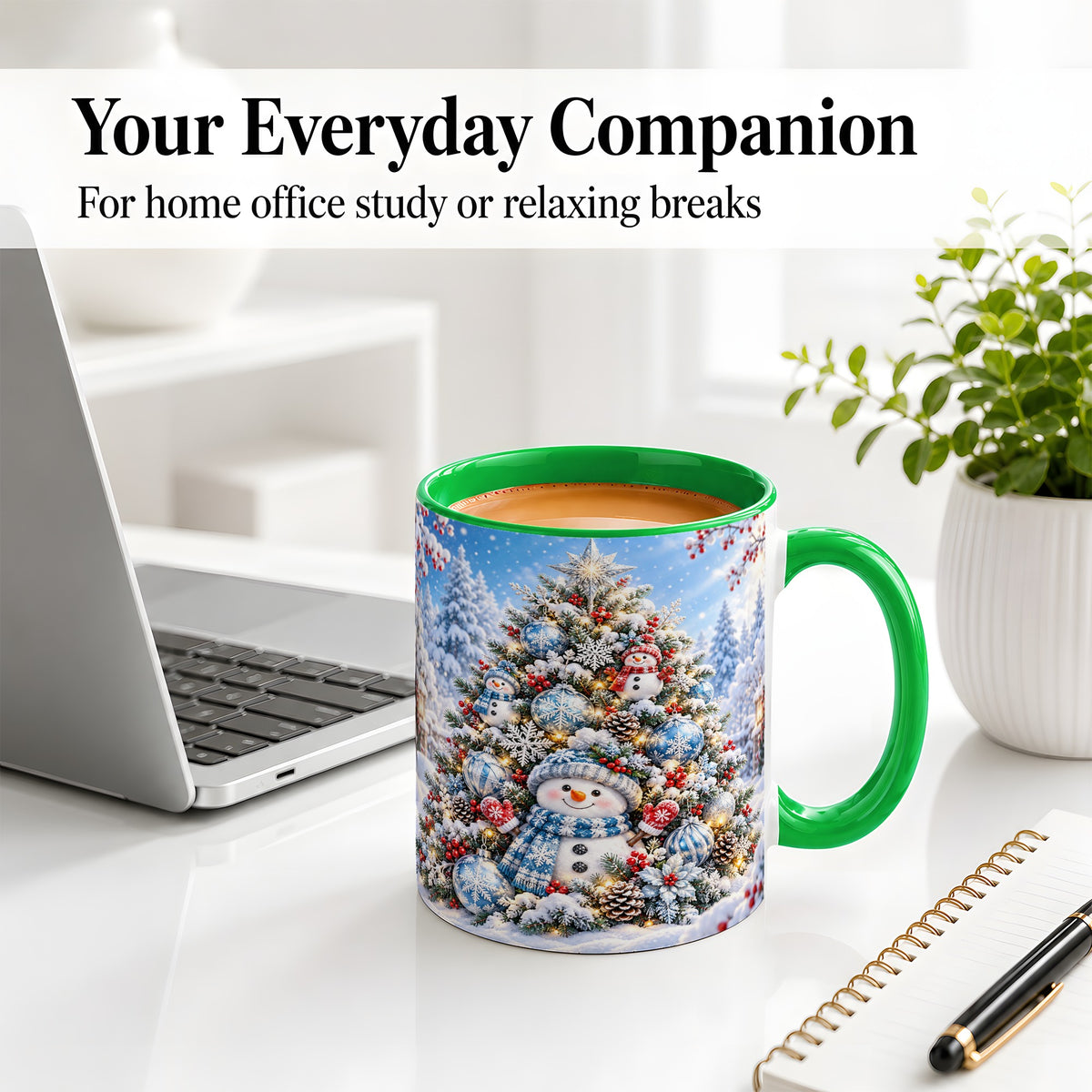 #pl[11oz|Green] Snowman Christmas Tree Ceramic Mug, Blue Snowflake Winter Art