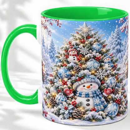 #pl[11oz|Green] Snowman Christmas Tree Ceramic Mug, Blue Snowflake Winter Art