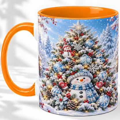 #pl[11oz|Orange] Snowman Christmas Tree Ceramic Mug, Blue Snowflake Winter Art