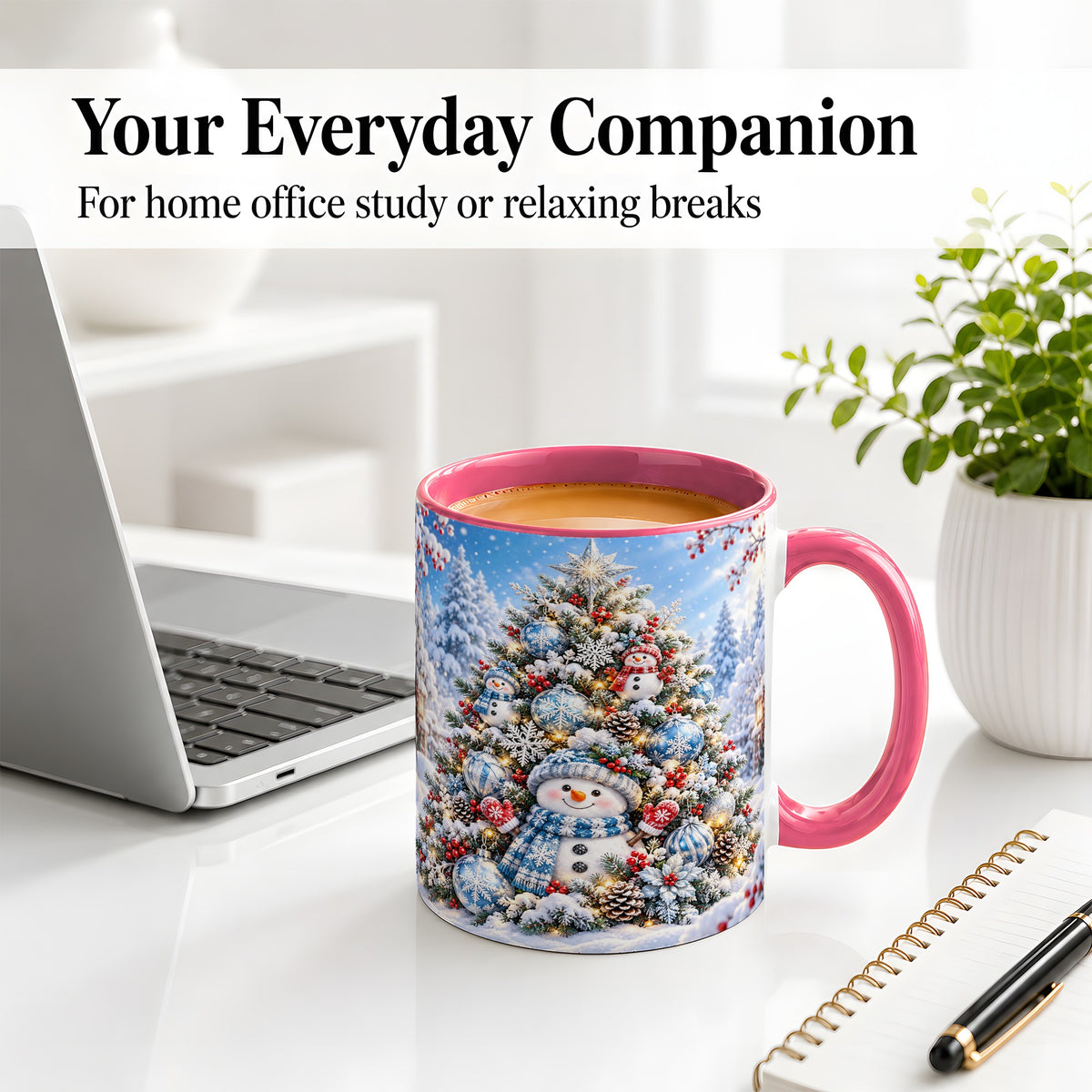#pl[11oz|Pink] Snowman Christmas Tree Ceramic Mug, Blue Snowflake Winter Art