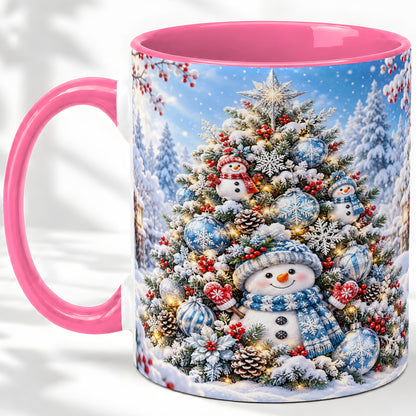 #pl[11oz|Pink] Snowman Christmas Tree Ceramic Mug, Blue Snowflake Winter Art