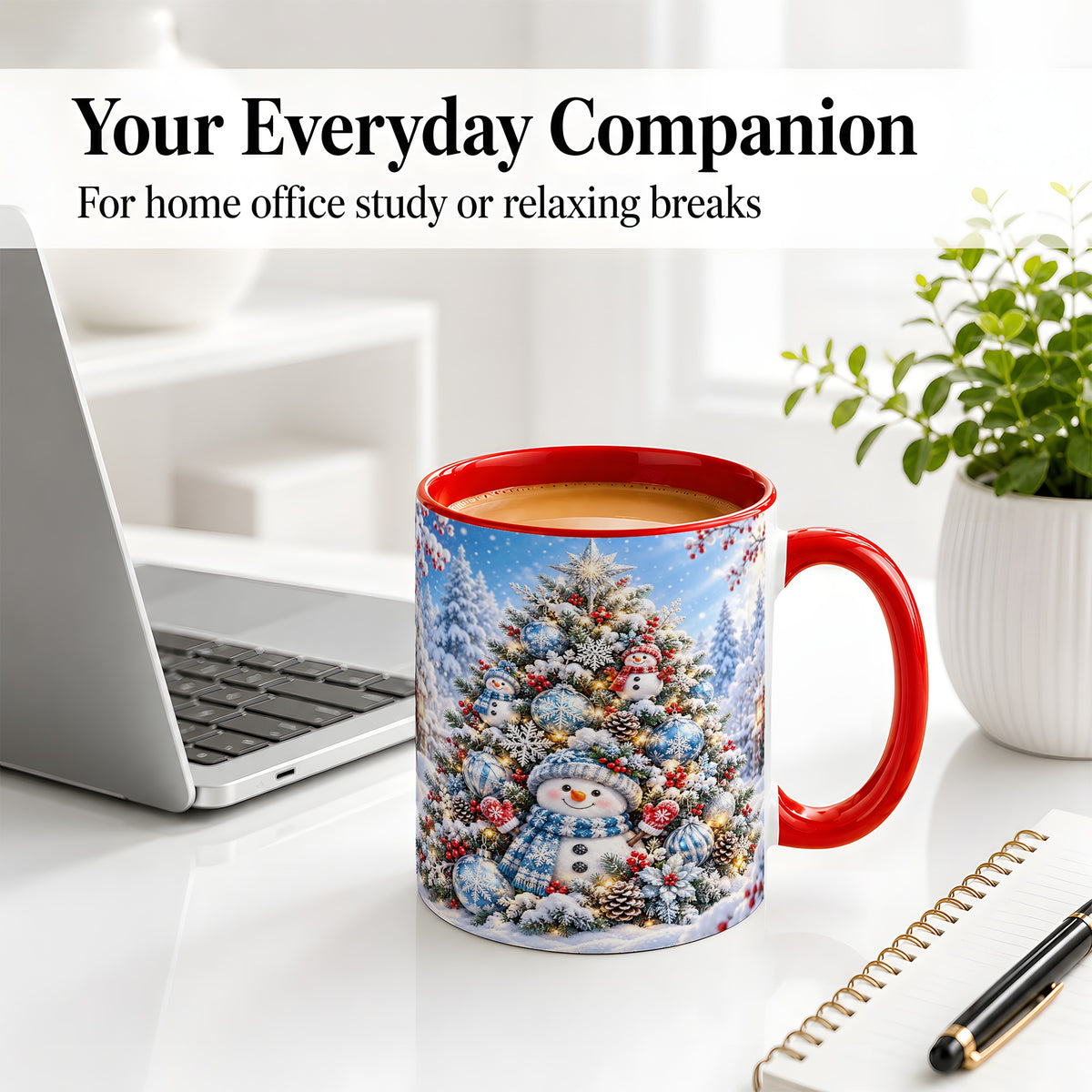 #pl[11oz|Red] Snowman Christmas Tree Ceramic Mug, Blue Snowflake Winter Art