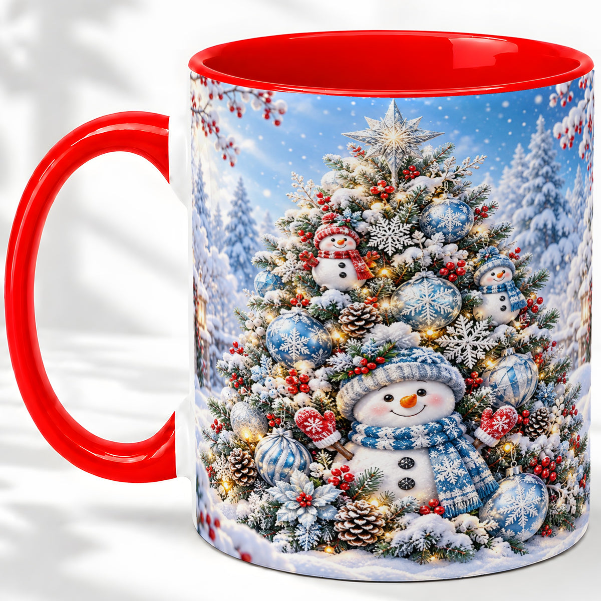 Snowman Christmas Tree Ceramic Mug, Blue Snowflake Winter Art