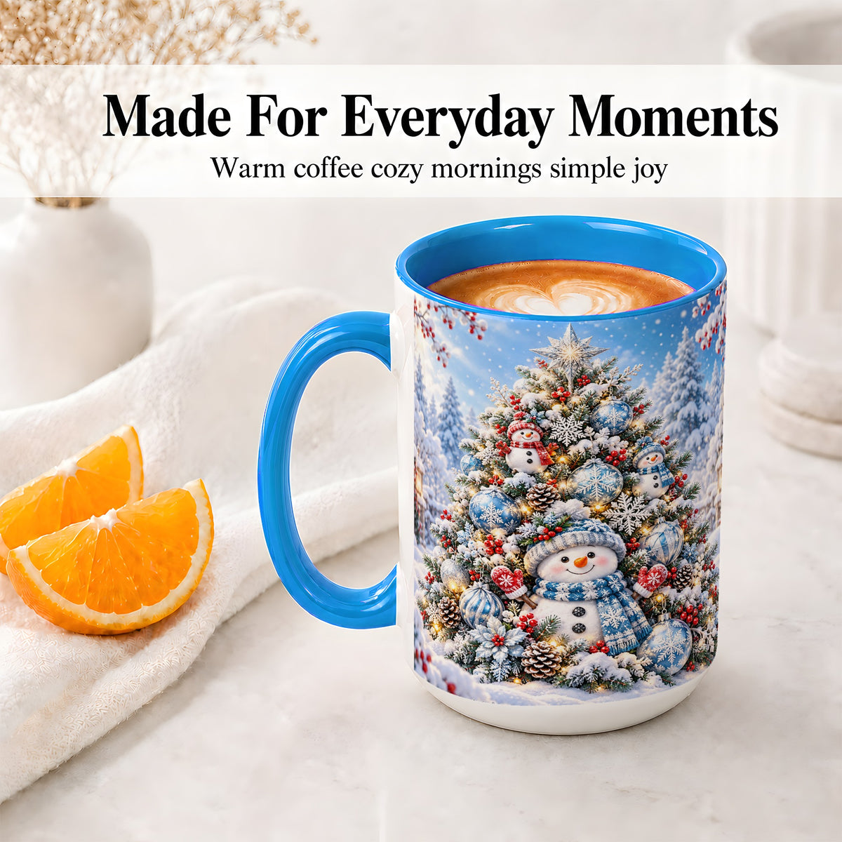 #pl[15oz|Blue] Snowman Christmas Tree Ceramic Mug, Blue Snowflake Winter Art