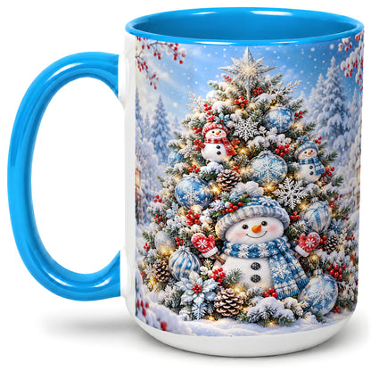#pl[15oz|Blue] Snowman Christmas Tree Ceramic Mug, Blue Snowflake Winter Art