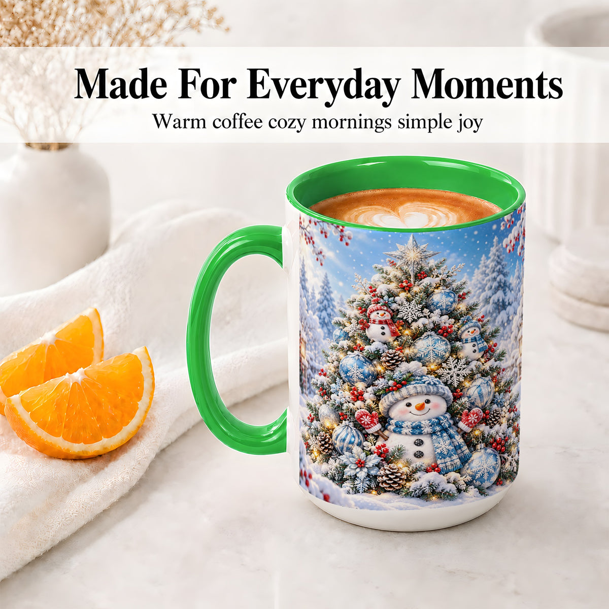 #pl[15oz|Green] Snowman Christmas Tree Ceramic Mug, Blue Snowflake Winter Art