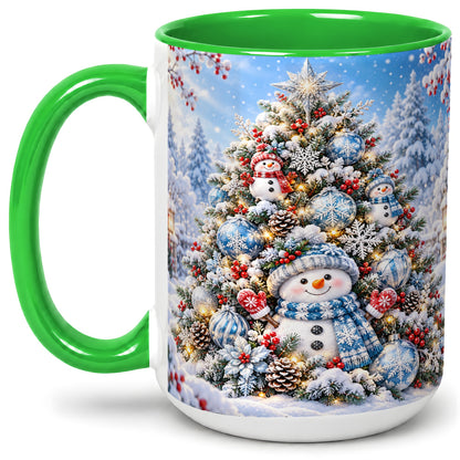 #pl[15oz|Green] Snowman Christmas Tree Ceramic Mug, Blue Snowflake Winter Art