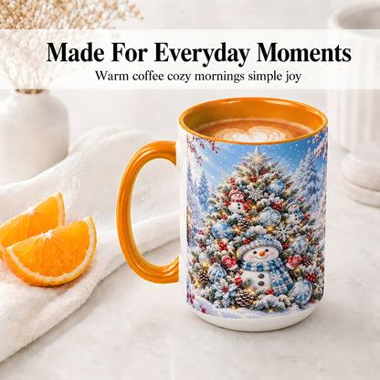 #pl[15oz|Orange] Snowman Christmas Tree Ceramic Mug, Blue Snowflake Winter Art