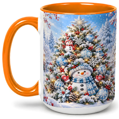 #pl[15oz|Orange] Snowman Christmas Tree Ceramic Mug, Blue Snowflake Winter Art