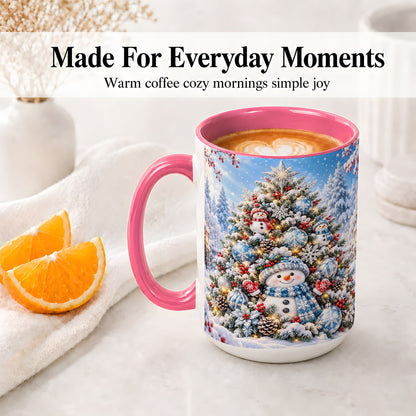 #pl[15oz|Pink] Snowman Christmas Tree Ceramic Mug, Blue Snowflake Winter Art