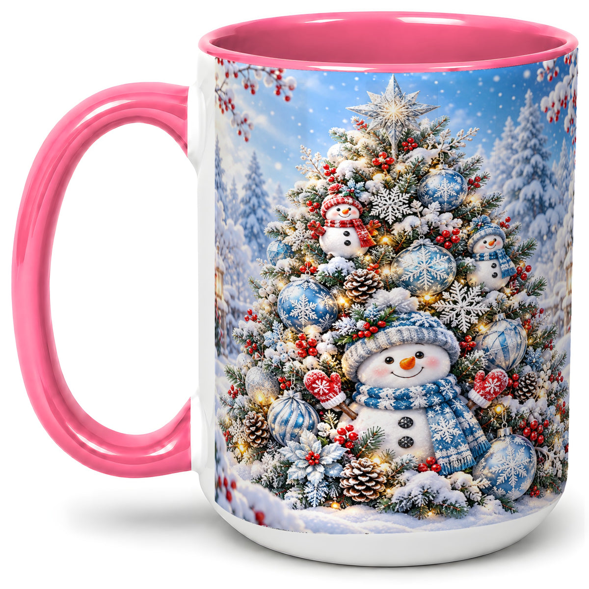 #pl[15oz|Pink] Snowman Christmas Tree Ceramic Mug, Blue Snowflake Winter Art