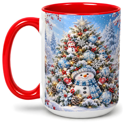 #pl[15oz|Red] Snowman Christmas Tree Ceramic Mug, Blue Snowflake Winter Art