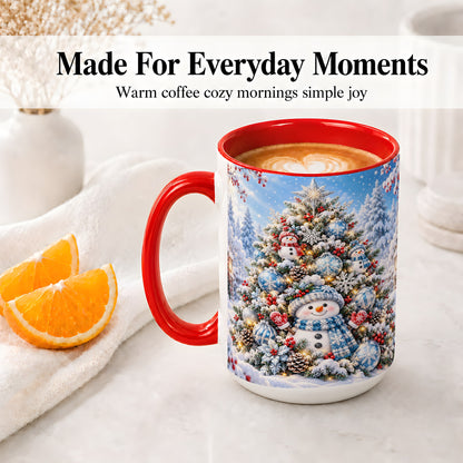 #pl[15oz|Red] Snowman Christmas Tree Ceramic Mug, Blue Snowflake Winter Art