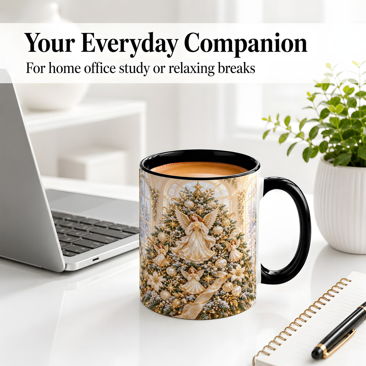 #pl[11oz|Black] Christmas Angel Tree Ceramic Mug, White Gold Heavenly Artwork