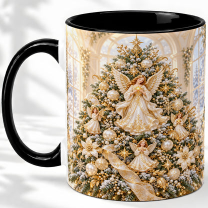#pl[11oz|Black] Christmas Angel Tree Ceramic Mug, White Gold Heavenly Artwork