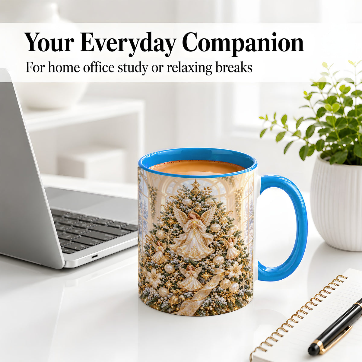 #pl[11oz|Blue] Christmas Angel Tree Ceramic Mug, White Gold Heavenly Artwork