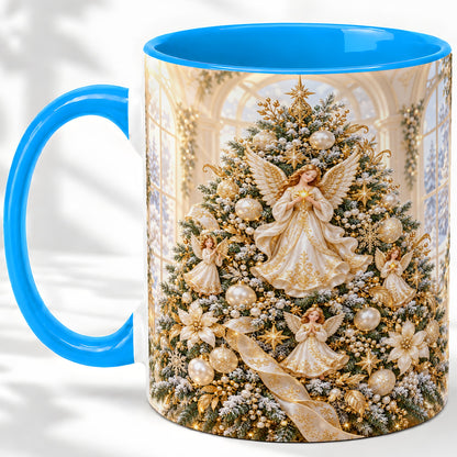 #pl[11oz|Blue] Christmas Angel Tree Ceramic Mug, White Gold Heavenly Artwork