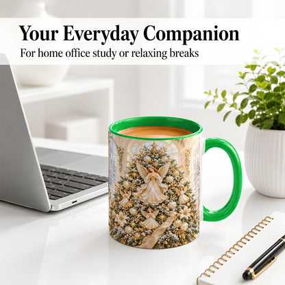 #pl[11oz|Green] Christmas Angel Tree Ceramic Mug, White Gold Heavenly Artwork