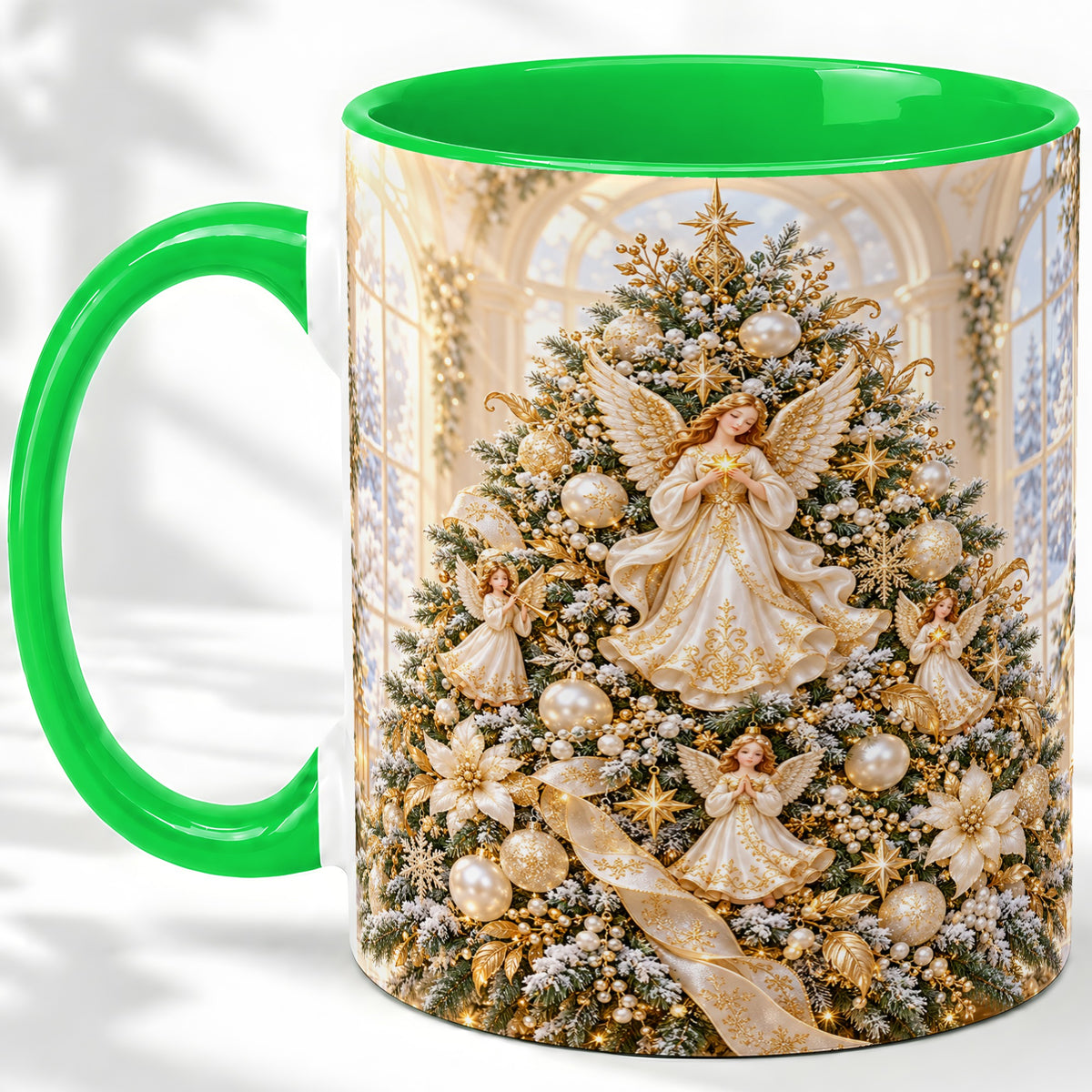 #pl[11oz|Green] Christmas Angel Tree Ceramic Mug, White Gold Heavenly Artwork