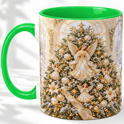 #pl[11oz|Green] Christmas Angel Tree Ceramic Mug, White Gold Heavenly Artwork