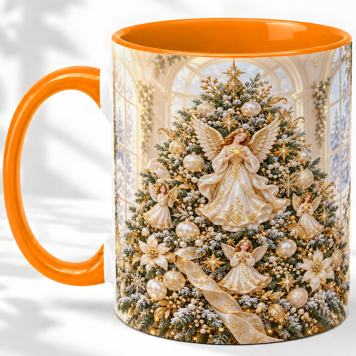 #pl[11oz|Orange] Christmas Angel Tree Ceramic Mug, White Gold Heavenly Artwork